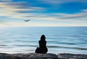 Eine Frau sitzt auf einem Felsen am Strand und blickt auf den Ozean hinaus. Über dem Wasser fliegt ein Vogel durch die Luft.