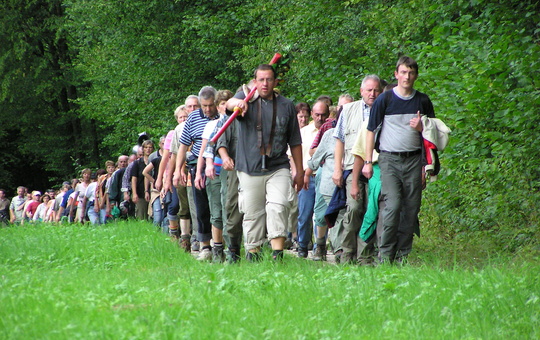 Wallfahrer ziehen an einer Wiese vorbei.