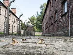 Ehemaliges Konzentrationslager mit Stacheldrahtzaun.