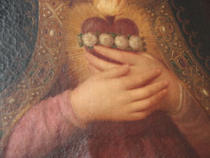 Foto eines Gemäldeausschnitts: Eine Frau hält sich ein Herz an die Brust.