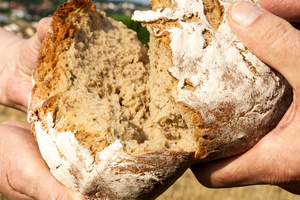 Ein Brot wird geteilt.